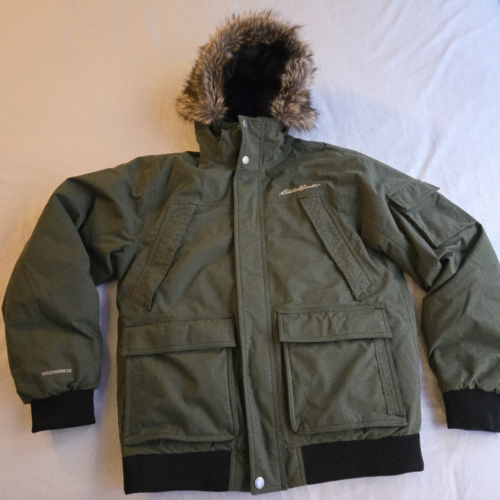 Eddie Bauer Forest Green Superior Down Waterproof Bomber Jacket Faux Fur Hood